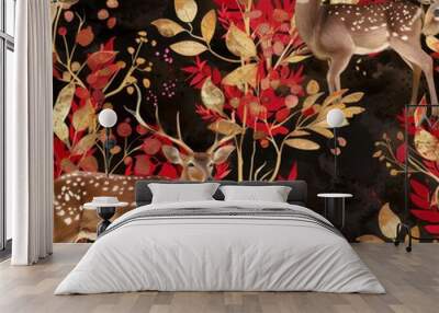 Two deer stand in a lush forest with gold and red foliage. Wall mural