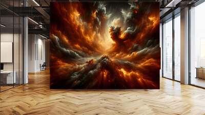 Inferno Sky: A fiery abstract sky with dramatic clouds in shades of orange, red, and gray. The chaotic and dynamic composition evokes a sense of power, passion, and the untamed forces of nature.  Wall mural