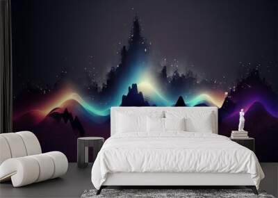 Abstract motion sound wave lines background with wavy lines. Modern fashionable glow dynamic illustration, minimal colourful on dark background. Modern digital pulse sound rhythm wallpaper Wall mural