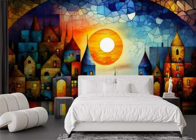 City at night painting illustration kids style. Fairy skyline futuristic psychedelic artwork, digital drawing for interior design, fashion textile fabric, wallpaper Wall mural