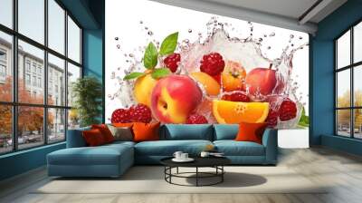 Fresh Fruits Falling with water Splash, isolated on white background cutout. Orange, lemon juicy citrus slice mix fly splashing, realistic, detailed. Grocery product package, advert Wall mural