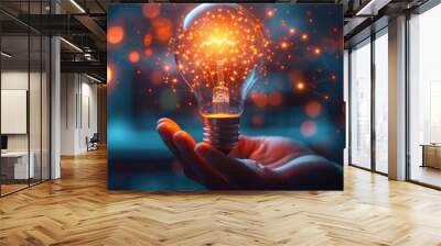 Light bulb in hand idea for saving money. Money management for the future. Idea saving energy and accounting finance concept, to make more money. financial business. Wall mural