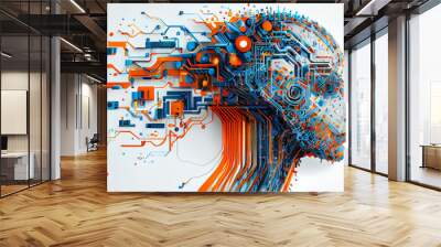 Realistic Artificial intelligence. Computer mind connections head. Human head with circuit board inside. Engineering concept. Technology web background. Virtual concept Wall mural