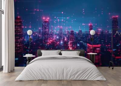 Smart city technology innovation concept with connect dots and lines. Glowing neon illustration background. Business connection, big data, network and global communication. Wall mural