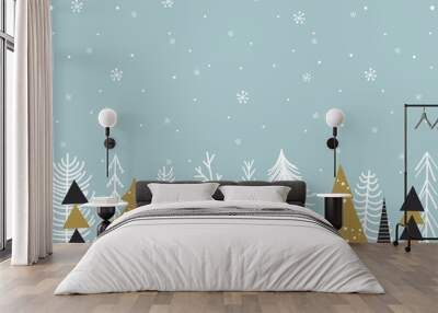 Christmas winter background. Cartoon Christmas trees with snowflakes on light blue background. Cartoon style. Vector illustration. Wall mural