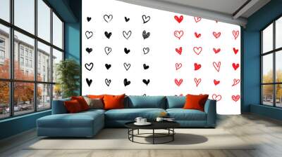 set of scribble black and red hearts. collection of heart shapes draw the hand. symbol of love. desi Wall mural