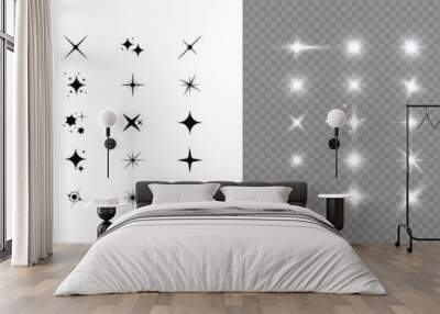 Star. Set of stars effect design, simple flat, and light sparkle twinkle symbol. Magic particle effect. Shine icon elements for festive on white and transparent background. Vector illustration Wall mural