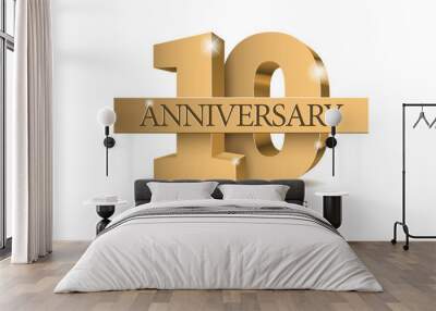 Anniversary 10. gold 3d numbers. Poster template for Celebrating 10th anniversary event party. Vector illustration Wall mural