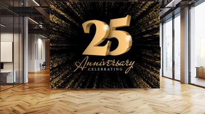 Anniversary 25. gold 3d numbers. Against the backdrop of a stylish flash of gold sparkling from the center on a black background. Poster template for Celebrating 20th anniversary event party. Vector Wall mural