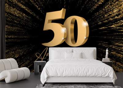 Anniversary 50. gold 3d numbers. Against the backdrop of a stylish flash of gold sparkling from the center on a black background. Poster template for Celebrating 50th anniversary event party. Vector Wall mural