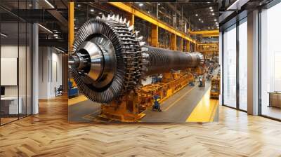 A large industrial turbine sits in a factory, awaiting assembly. Wall mural