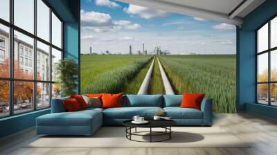 A rural landscape featuring lush green crops and two pipelines heading towards a distant industrial facility with smokestacks under a clear sky. Wall mural