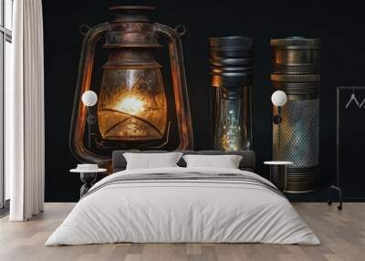 An old kerosene lantern sits next to two modern flashlights, representing the evolution of light sources. The warm glow of the lantern contrasts with the bright, cool light of the flashlights. Wall mural