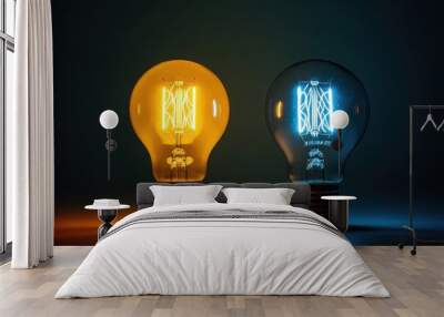 Two light bulbs glow with warm and cool light. Wall mural