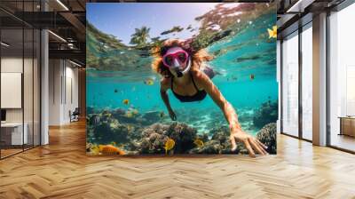 Young woman snorkeling at the ocean over coral reefs, Caribbean, Hawaii, underwater, tropical paradise, exotic fish, travel concept, active lifestyle concept, Canva Wall mural