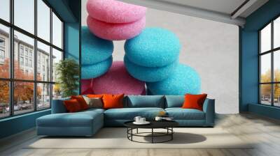 Soft sponge hair curlers in pink and blue and in the shape of macarons cookies Wall mural