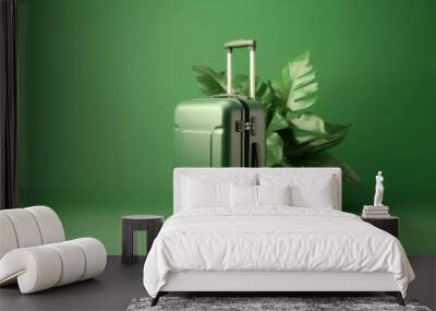 Green suitcase with tropical leaves on a green background. Copy space. Generative AI Wall mural