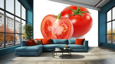 Composition with whole and sliced tomatoes isolated on white background. Full depth of field. Wall mural