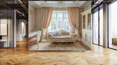 A bright and airy childrens room with a sofa, desk, and bookcase Wall mural