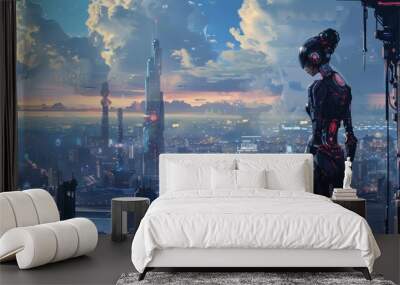 A female android stands on a rooftop in a futuristic city at dusk Wall mural