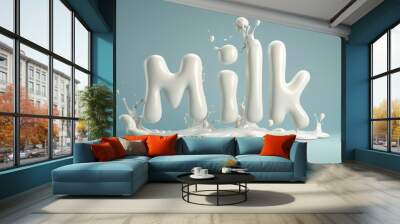 A splash of milk forms the word Milk on a light blue background Wall mural