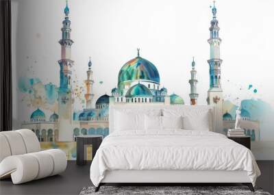 A watercolor illustration of a large mosque with two tall minarets, set against a white background. Children's Book Illustration Wall mural