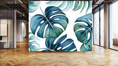 Abstract pattern with blue tropical palm monstera leaves Wall mural