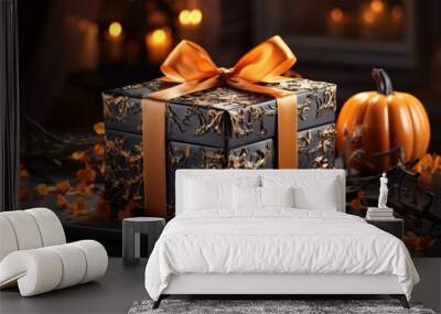 Black gift box with orange ribbon, Halloween copcept Wall mural