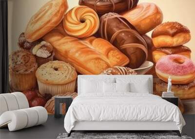 Collection of pastry with chocolate, cream on light background. Breakfast, desserts, baking and food concept. Generative AI Wall mural