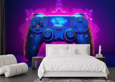 Gamepad in neon style on a dark background Wall mural