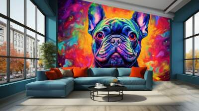 Portrait of a french bulldog created with bright paint splatters. Generative AI Wall mural