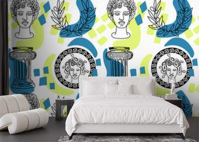 A seamless pattern of a bust of Perseus and a coin depicting Medusa Gorgon. Hand-drawn sketch-style doodle elements. The feat of Perseus. Greece. Laurel wreath on white background. Wall mural