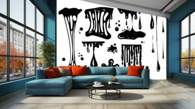 A set for working with blobs. Doodle style drawn elements. Black splashes of slime, stretching slime, toxic dripping slime. Slime splatter and droplets, liquid borders. Isolated vector shapes. Wall mural