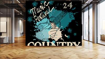 Country music festival poster template. Inspirational guitar concept, hand-drawn doodle. Small guitar. Music. Abstract Stains and Rice Inspiration. Fingering with fingers. Wall mural