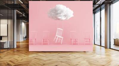 Cloud Floating above white chair among pink chair on pink background. Minimal idea concept. 3D render. Wall mural