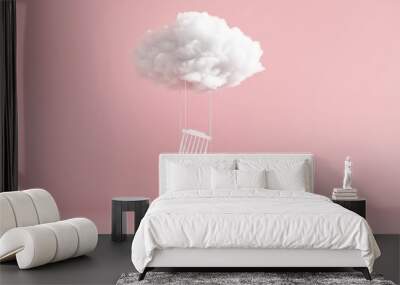 Cloud Floating above white chair on pink background. Minimal idea concept. 3D render. Wall mural