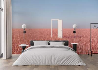 Outstanding White door open on pink grass filed landscape with sky background. Minimal idea concept. 3D Render. Wall mural