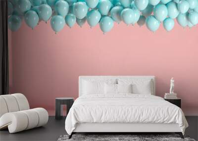 White chair with floating blue balloons in pink pastel background room studio. minimal idea creative concept. Wall mural