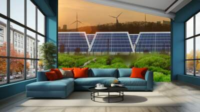 Double exposure graphic renewable energy concept. Solar panels with wind turbines and an environmentally friendly city. Sustainable growth, Earth Day net zero business, climate change. green business Wall mural