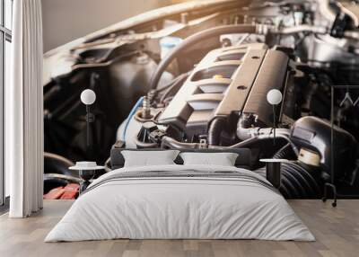 details of modern car engine with sunlight effect, shallow depth of field, internal combustion engine vehicle Wall mural