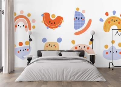 Cute abstract figures characters illustration. A set of cute figures of various shapes for children. Different positive icon forms with faces and smiles. Rainbow, square, arc, rectangle, geometry Wall mural