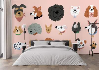 Cute dogs faces illustration in cartoon style. Funny puppies head portraits of different doggy breeds. Happy dog pets face avatars. Flat graphic vector  Wall mural