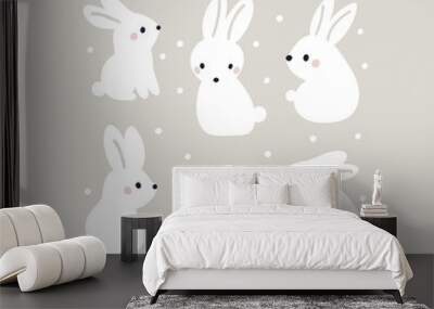 Cute white hare, bunny, rabbit animals. Baby bunny character in different pose Wall mural