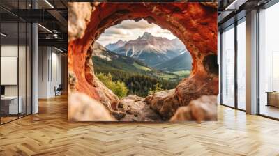 Entrance to cave in mountain with scenery landscape view of green grass, river, rocks and blue sky. Grotto, hidden underground tunnel or cavern, summer nature background Wall mural