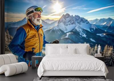 Happy mature elderly man skiing in the Alps mountains. Senior man enjoying ski vacation in alpine resort. Active retirement. Healthy winter sport for every age Wall mural