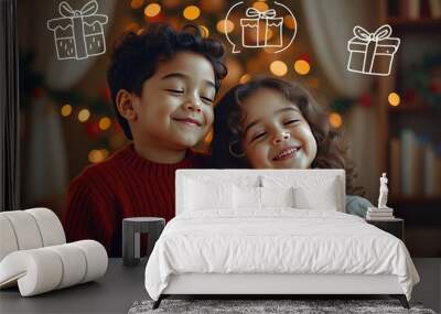 Portrait of happy children with Christmas gift boxes and decorations. Two kids having fun at home Wall mural