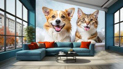 The character of cute cat and dog in the bathroom. Illustration about dog and cat grooming for content, graphic, greeting card, baby shower Wall mural