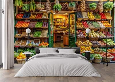 Vibrant street market stall brimming with fresh, colorful fruits and vegetables neatly displayed in wooden crates and baskets on a cobblestone pavement, a European urban setting Wall mural