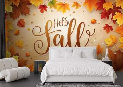 Welcome Autumn card. Hello Fall is written framed by with stack autumn leaves. Colorful autumn poster with bright beautiful foliage, paper cut style leaves. I love fall Wall mural