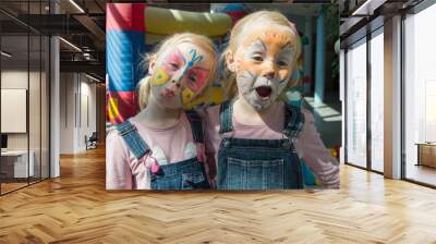 two little girls with brightly decorated faces of a butterfly and a lion cub, having fun at a children's party Wall mural